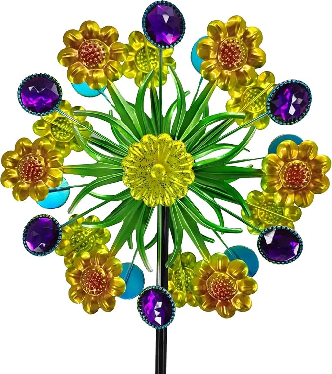 Wind Spinner, Metal Yellow florets and Purple Jewelry 44.25 inch Outdoor Metal Wind Spinners for Patio,Lawn,Garden,Creative Gifts for Women, Double Windmill with Stable Stake