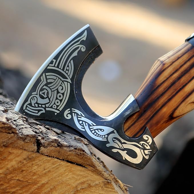 SHINY CRAFTS-Viking Axe Bearded Axe Tomahawk Birthday Gifts-Valhalla Axe, Carbon Steel Viking Axe Head, Engraved Handle, Wolf Camp Axe, Genuine Leather Sheath & Wrap (VBA 03)