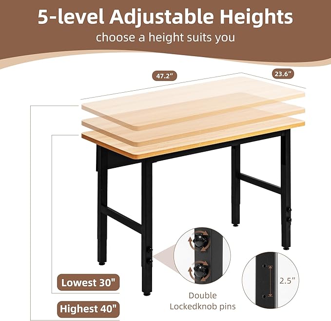 48" Adjustable Workbench, Work Table for Garage, 2000 LBS Capacity Hardwood Work Bench, Heavy Duty Table for Workshop, Office, Garage, Home