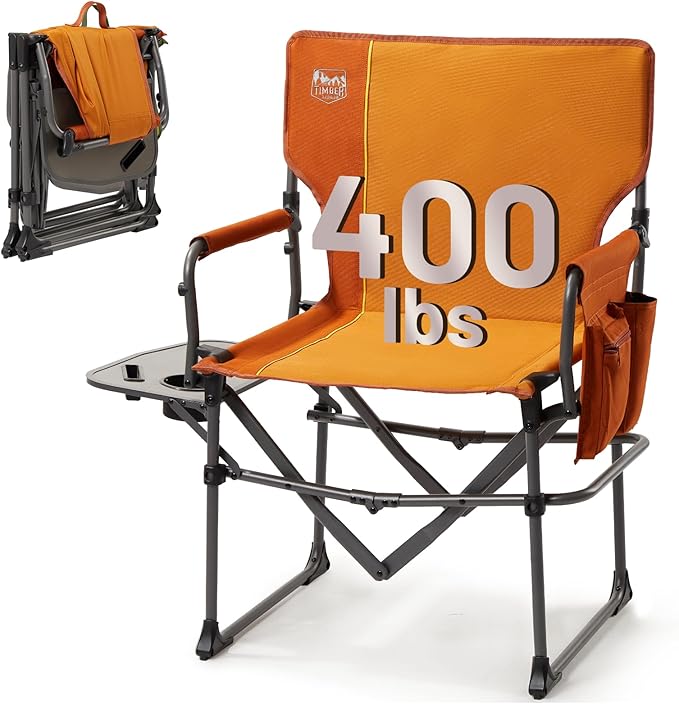TIMBER RIDGE Aluminum Camping Directors Chair with Side Table Pocket, Portable Folding Chair, Heavy Duty Lawn Chair for Fishing Trip Picnic Concert Outdoor 400lbs, Orange