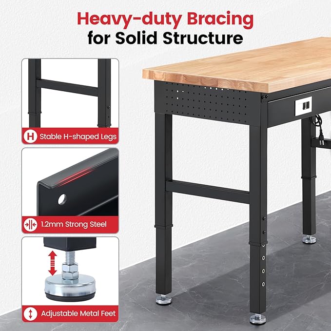 Workbench with Shelf Bracket 48 Inch Adjustable Height Work Bench for Garage Heavy Duty Rubberwood Tabletop Work Table with Drawer, Power Outlets for Woodworking, Home, Office, Workshop