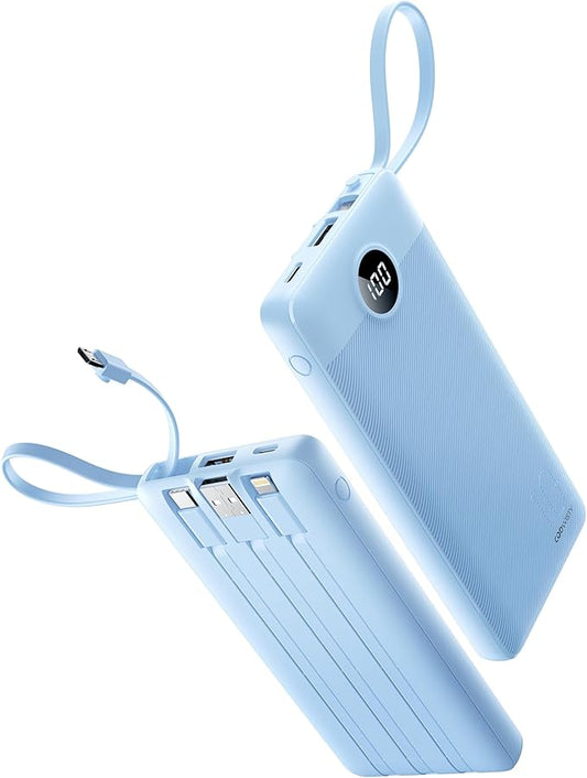 10000mAh Portable Charger, Slim Power Bank with Built-in Cables, Battery Pack 5 Outputs 2 Inputs LED Display Compatible with iPhone/Android & More (Blue)