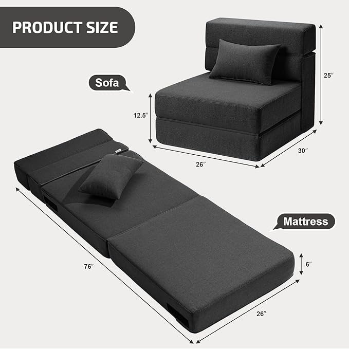 Folding Sofa Bed with Pillow- Convertible Chair Floor Couch & Sleeping Mattress, Foldable Memory Foam Sleeper for Living Room/Dorm/Guest Room/Home Office/Apartment/Loft, Single26, Dark Gray