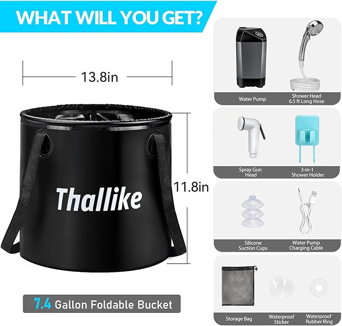 Portable Camping Shower, Pop Up Shower Privacy Tent Kit with LED Lights, 4500mAh Rechargeable Shower Pump, Filtered Shower Head & 7.4 Gallons Foldable Bucket, Outdoor Shower for Hiking Beach, Travel
