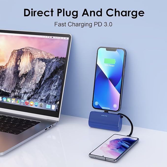 Mini Portable Charger for iPhone with Built-in Type-C Cable, 5200mAh Ultra-Compact Power Bank, PD 20W Fast Charging Battery Pack Phone Charger for iPhone 16/15/14/13, Samsung, Google, Android (Blue)
