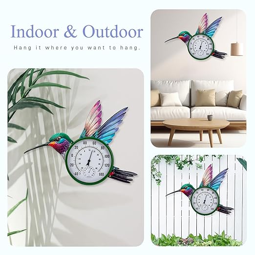 Large Outdoor Thermometer, Hummingbird Wall Thermometers Hygrometer No Need Battery, Retro Sun Outside Thermometer Decoratibve for Backyard, Garden, Living Room