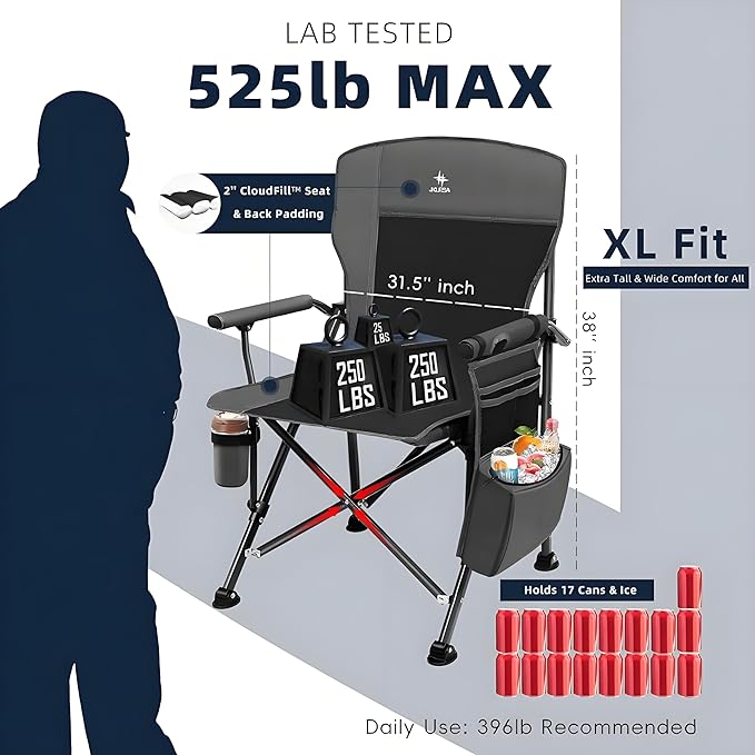 XL Heavy Duty Camping Chair 396lb Capacity (525lb Max) – Waterproof 1680D Oxford Fabric, 2" Padded Seat & Back, Cup Holder, Cooler Pocket, Portable for Camping, Beach & Tailgating (Slate/Red)