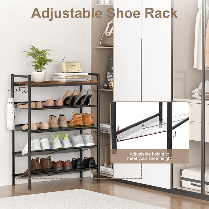 Refrze Shoe Rack for Front Door Entrance, 4 Tier Height-Adjustable Metal Shoe Rack, Sturdy Wooden Top and Tiltable Steel Frame Heavy Duty Shoe Organizer for Bathroom,Bedroom,Kitchen，Include Hook