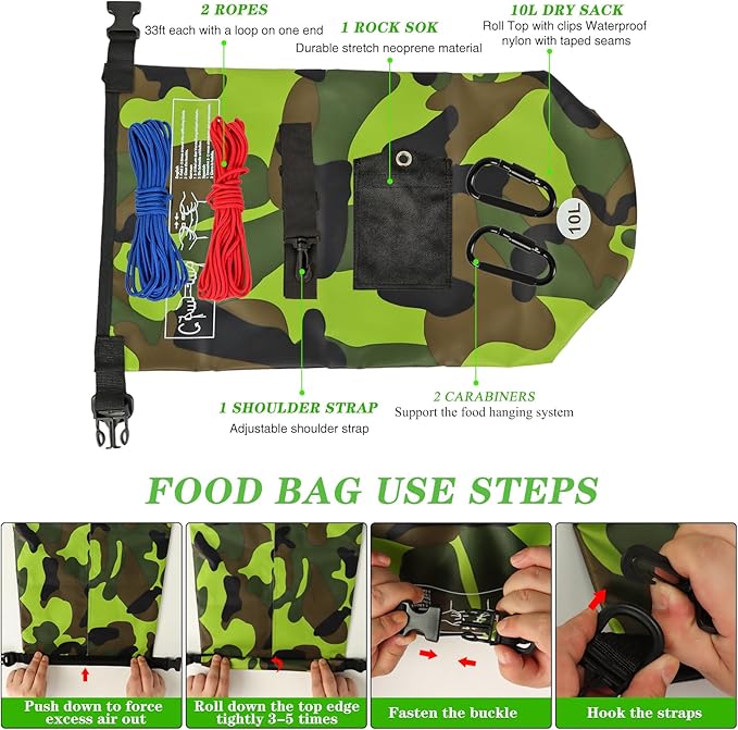 Bear Bag Hanging Kit, 10L Waterproof Bear Proof Food Storage for Backpacking and Camping, Ultralight Bear Proof Canister Gear for Food Storage with Nylon Ropes, Clips and Rock Pouch