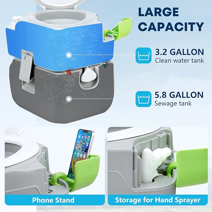 Kohree 5.8 Gal Camping Toilet: Portable Toilet for Adults with Diagonal Elongated Bowl Seat, Large Waste Tank, Leak-Proof Cassette with Level Indicator, RV Travel Porta Potty for Boat Trip Home Use