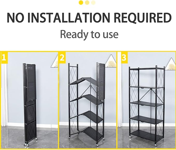 Life Hacks 2pcs 4-Tier Foldable Shelves for Storage, No Assembly Required, Folding Shelf Unit Pantry Shelves with Wheels, Metal Shelving Storage Rack Shelf for Kitchen Garage Home
