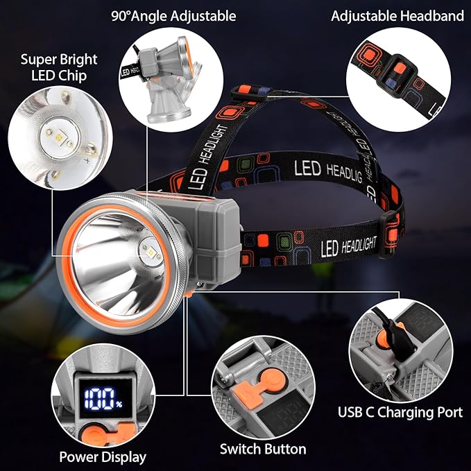 Spotlight Rechargeable Headlamp, Super Bright LED Headlight Waterproof Head Lamp for Outdoor Camping Running Hiking Night Fishing Hunting
