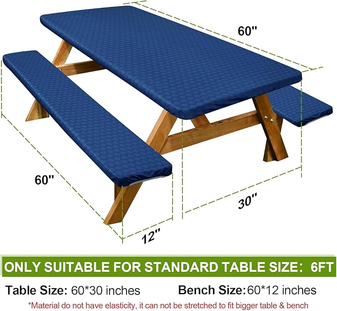 Picnic Table Cover with Bench Covers Camping Essentials Waterproof Windproof Camping Tablecloth with Drawstring Bag, Fitted Rectangle Tables and Seats, 60in, Deep Blue
