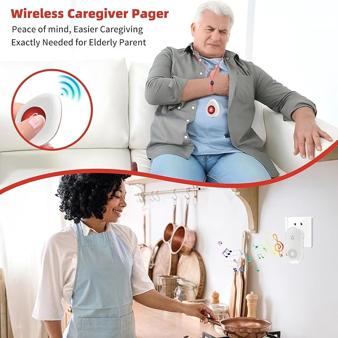 Wireless Caregiver Pager SOS Call Button for Elderly Monitoring 1000+ Feet Life Alert，Emergency Alert System Call Bell for Nurse Patient Disabled 1 Waterproof Transmitter & 2 Plugin Receiver