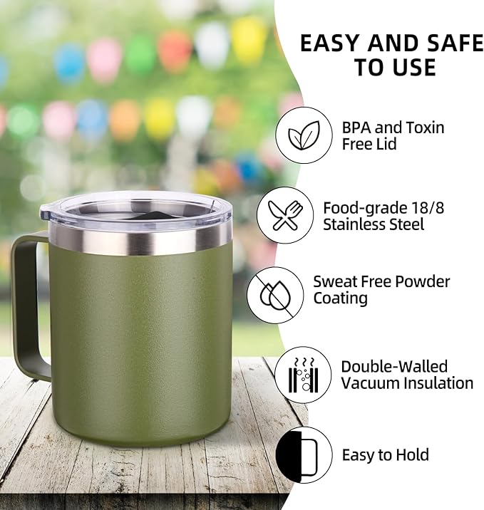Volhoply 14oz Insulated Stainless Steel Coffee Mug with Lid Bulk 2 Pack,Double Wall Vacuum Travel Coffee Cup with Handle,Reusable Cups Tumbler,Camping Mugs Keep Hot,Ideal Gifts(Army Green,2)