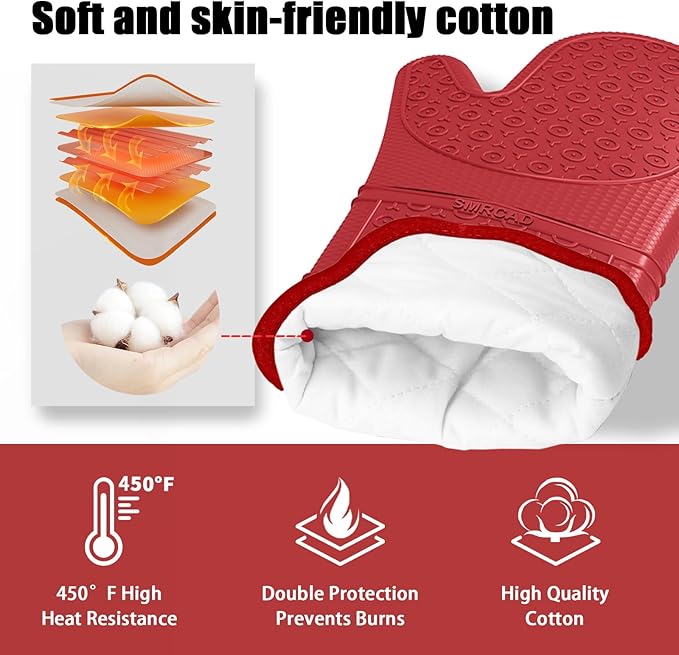Oven Mitts with Heat-Resistant Hot Pads and Five Silicone Spatulas Designed for Kitchen Baking Cooking, Oven Glove Soft Cotton Lining, Waterproof, BPA-Free (Red, 15.7)