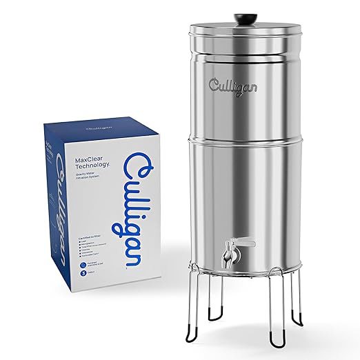 Culligan with MaxClear Technology 3 Gallon Gravity Water Filter System, Polished Countertop Ceramic Water Filter Dispenser NSF/ANSI Certified to Reduce Lead, Microplastics & Total PFAS, with 6 Filters