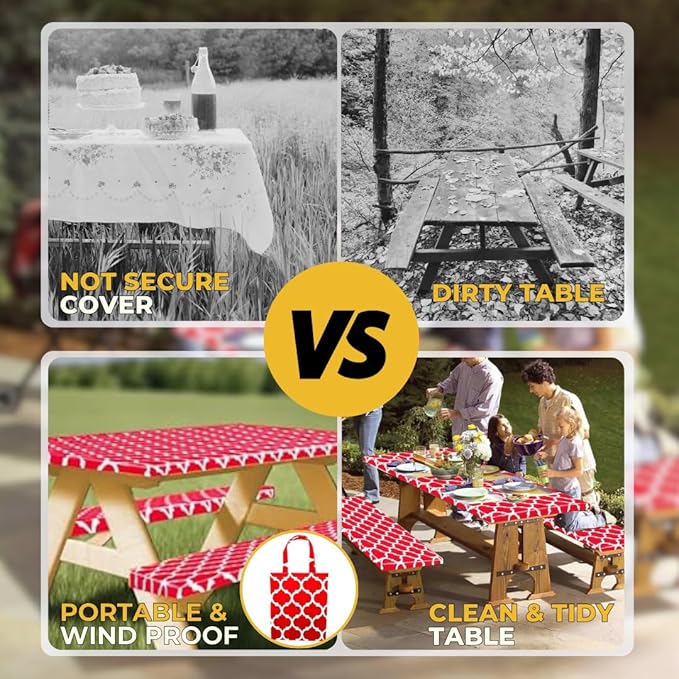 RNOONY 8ft Vinyl Picnic Table Cover with Bench Covers,3PCS Tablecloth with Moroccan Design, Camping Tablecloth and Travel Accessories, Flannel Backing with Elastic Edges,96x30 Inches (Red Moroccan)