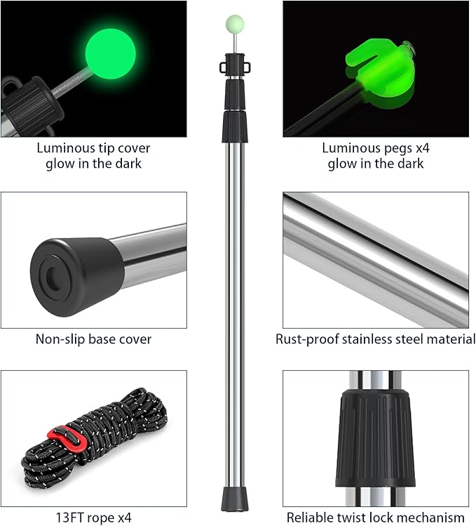 SANLIKE Telescoping Tarp Pole Heavy Duty Tent Poles, 33"-86.6"/94" Thickened Tube Collapsible Stainless Steel Canopy Poles for Camping Backpacking Hiking Awning Sun Sails Outdoor Sports, Set of 2