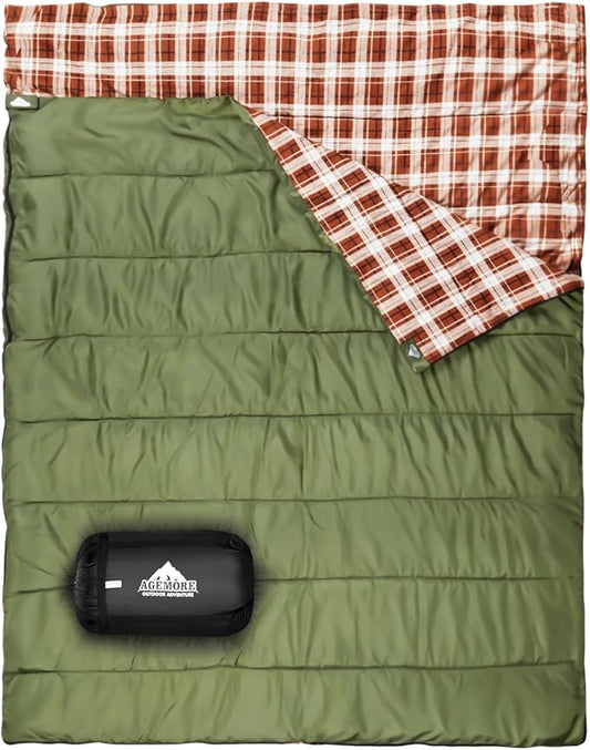 AGEMORE Cotton Flannel Double Sleeping Bag for Camping, Backpacking Or Hiking. Queen Size 2 Person Waterproof Sleeping Bag for Adults Or Teens. Lightweight with Compression Sack