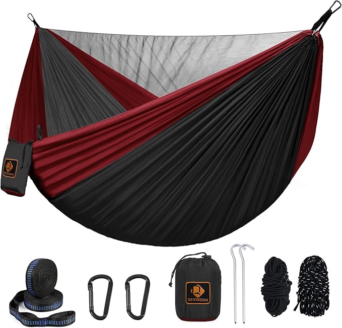 Camping Hammock, Portable Hammocks with Mosquito Net,Lightweight Nylon Parachute Hammock with 10ft Tree Straps,Camping Gear Must Haves for Travel Hiking Backpacking Beach Patio-Black&Red