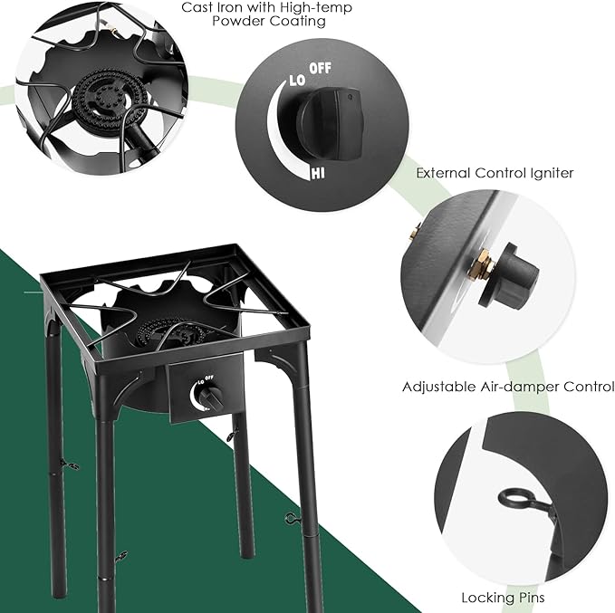 Goplus Outdoor Camping Stove, Single Burner Propane Gas Cooker w/Detachable Legs & 0-20 PSI Regulator & CSA Approval for Camp Patio RV, Cast Iron, 100,000-BTU