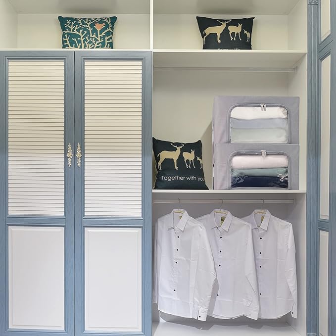 Clothes Storage Box Bins Stackable Foldable Organizer,Sturdy Handles with Metal Frame for Clothing Bedding Shelves,Closet Container with Clear Window Zipper and Label Holder (Gray, 22L x3 Pack)