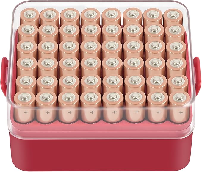 ALCYON Battery Organizer Storage Case, Battery Vault Box Container for 48pcs AAA Batteries, Plastic Clear Protective Battery Holder for Travelling/Home/Office (Red, Small)