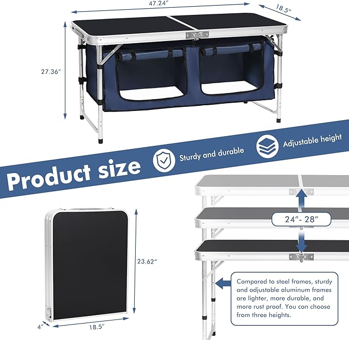 Camp Field Camping Folding Aluminum Table with Adjustable Legs for Outdoor Travel Beach, Backyards, BBQ, Party and Picnic Foldable Table