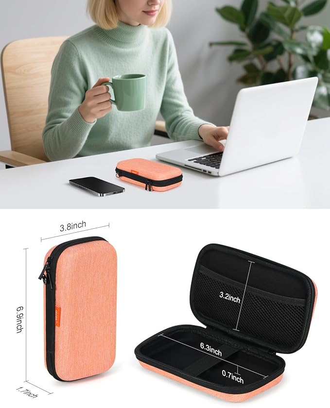 Light-Orange Small Carrying Case Universal Travel Case for Sandisk, Samsung SSD, Earbuds, Cable, Hard Disk, MP3 Player - Portable Storage Pouch Bag - Shockproof Electronic Accessories Organizer