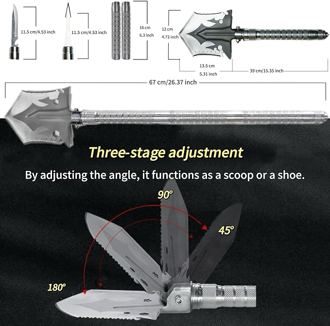 Survival Shovel Military Grade - 16-in-1 Tactical Folding Shovel with Ruler & Pouch | Heavy Duty Unbreakable Design for Camping, Hiking, Off-Road, Emergency, Gardening