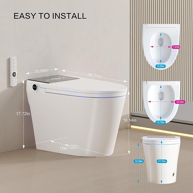 Smart Toilet with Built-In Tank & Pump, Heated Seat, Auto Dual Flush, Warm Bidet & Dryer Function, Foot Sensor, Night Light & LED Display, Wireless Remote, 1.28GPF