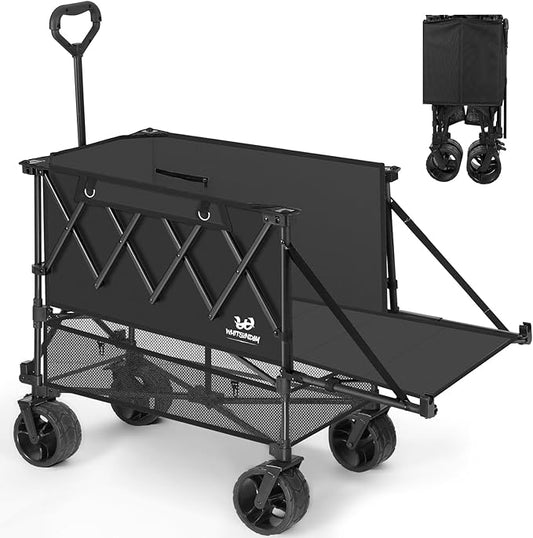 Whitsunday Double Decker Wagon, Heavy Duty Foldable Large Beach Wagon Cart with All-Terrain Big Wheels for Sports,Camping,Outdoor Black
