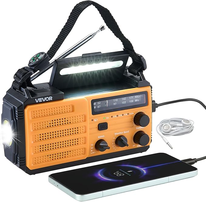VEVOR Emergency Weather Radio, 8000mAh Battery, FM/AM/WB/NOAA Alert Solar Hand Crank Emergency Radio, Type-C Charging, USB Cable, SOS Alarm and Flashlight, Portable for Outdoor Emergencies, Camping