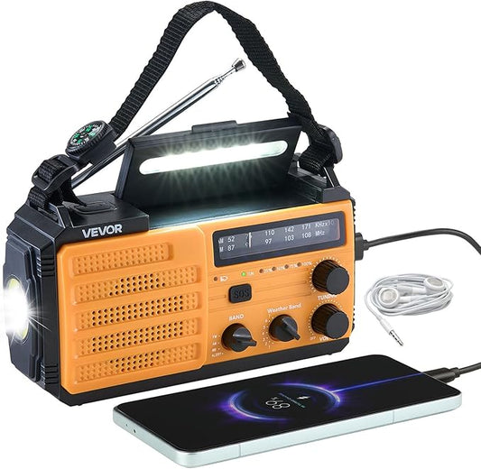 VEVOR Emergency Weather Radio, 8000mAh Battery, FM/AM/WB/NOAA Alert Solar Hand Crank Emergency Radio, Type-C Charging, USB Cable, SOS Alarm and Flashlight, Portable for Outdoor Emergencies, Camping