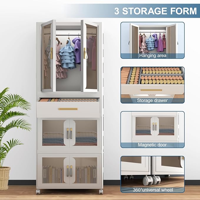 Portable Kids Wardrobe, Plastic Closet Organizer with Hanging Rod, Collapsible Wardrobe Closet Storage Cabinet for Bedroom, Easy to Install (White, Large)