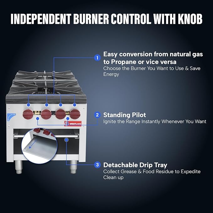 WESTLAKE Commercial Gas Stock Pot Range, 2 Burners Natural Gas and Propane Stove with 80000 X 2 BTU, 18" W Countertop Cooking Stove Range Commercial Stainless Steel Gas Stock Pot for Restaurant