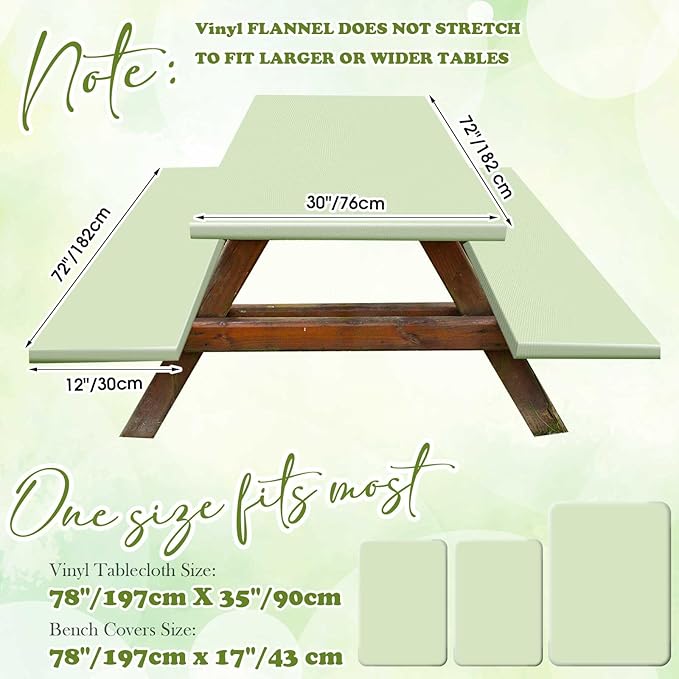 Irenare 3 Pcs Picnic Table and Bench Fitted Tablecloth Cover for 6 Ft Table 30 x 72 Inch Vinyl Fitted Elastic Edges Waterproof Wipeable Tablecloth for Indoor Outdoor Picnics Patio Camping (Sage Green)