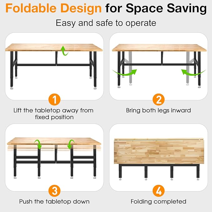 72” Folding Workbench, 3000 LBS Capacity Heavy Duty Workbench, Height Adjustable Foldable Work Table, Rubberwood Collapsible Desk for Workshop, Garage, Office, Home