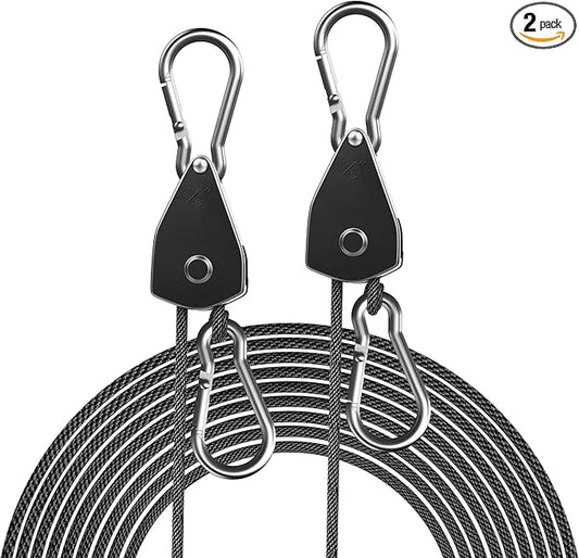 2-Pack 1/8” Adjustable Rope Hanger, Heavy Duty Ratchet Tie Down Strap with Reinforced Metal Gear, Ratcheting Pulley System Bungee Cord for Hanging Plants Grow Light and Various Tie-Down Uses