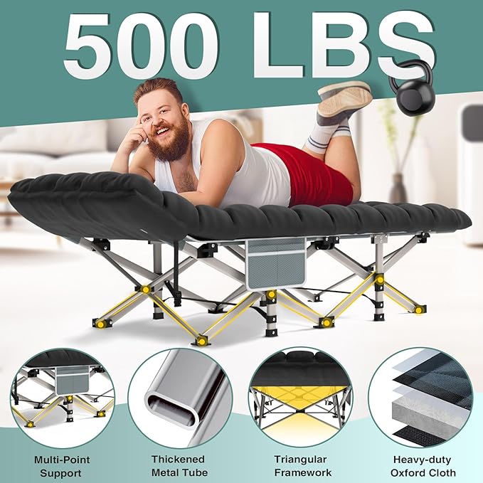 ZENPETIO Camping Cot for Adults, Heavy-Duty Portable Cot Bed with Mattress, Foldable Padded Sleeping Cots for Camping Travel Tent Day Bed Outdoor & Home Guest, Max Load 500 LBS, 75x28x15”