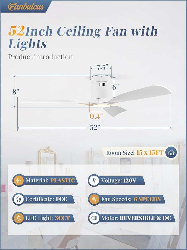 52" Ceiling Fans with Lights and Remote Control,Modern Flush Mount Ceiling Fan with 3 LED Colors,Outdoor Low Profile Ceiling Fans with 6-Speeds Timer DC Motor for Bedroom Living Room Patio