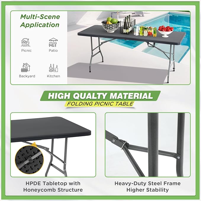 BestOffice Outdoor Folding Camping Table Plastic Table Portable Square Height Dining Table Perfect for Picnics,Parties,Party and Camping,Black