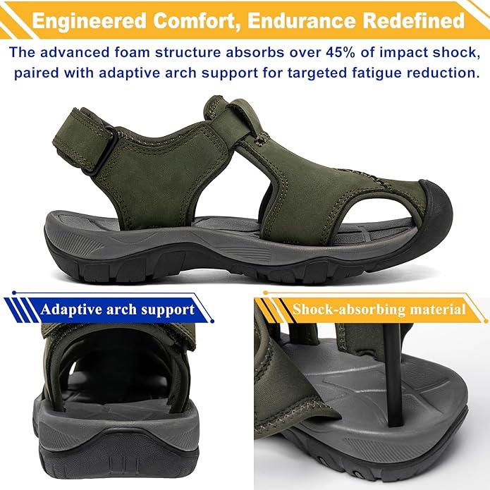 Men's Sport Sandals Closed Toe Leather Hiking Athletic Walking Outdoor Beach Trail River Fishing Water Shoes Lightweight Comfortable Waterproof