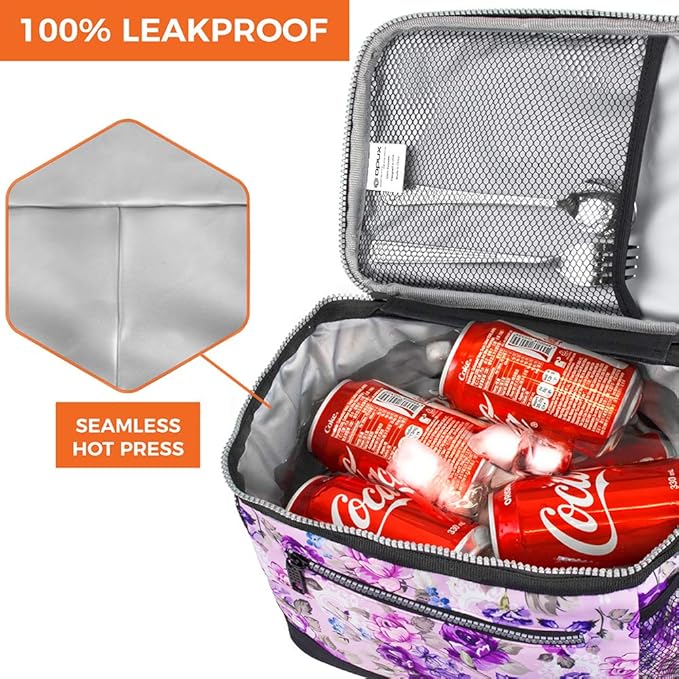 opux Insulated Lunch Box Men Women, Lunch Bag for Work School, Leakproof Soft Cooler Tote Adult, Large Lunch Pail Kids Boys Girls, Picnic Beach Food Bag with Shoulder Strap, Purple Floral