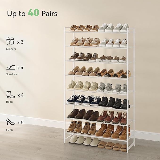 Shoe Rack for Closet, Metal Shoe Organizer, 8 Tier Garage Shoe Rack Max Holds 40 Pairs,Shoe Storage Shelf,Entryway, White