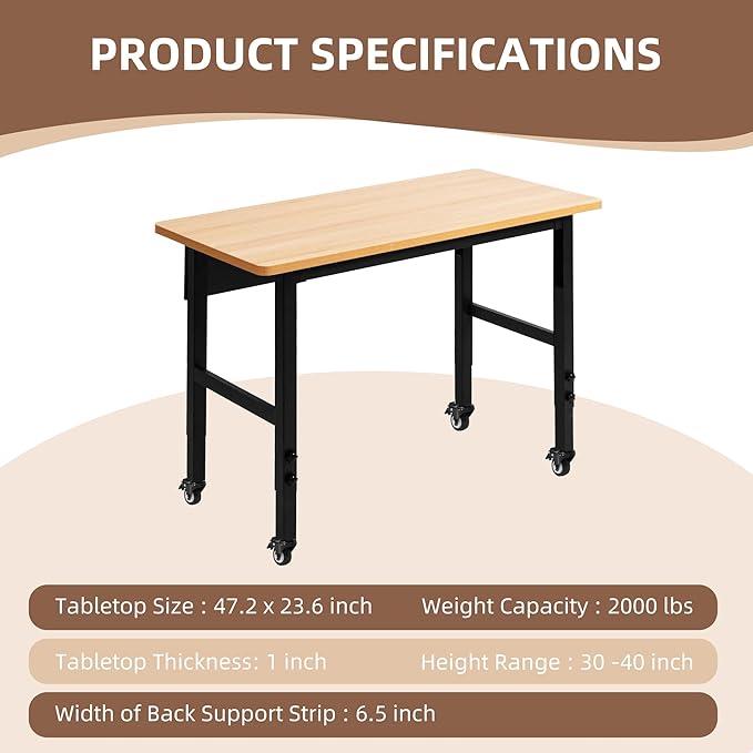 48" Adjustable Workbench with Wheels, Rolling Work Table for Garage, 2000 LBS Capacity Hardwood Work Bench, Heavy Duty Table for Workshop, Office, Garage, Home