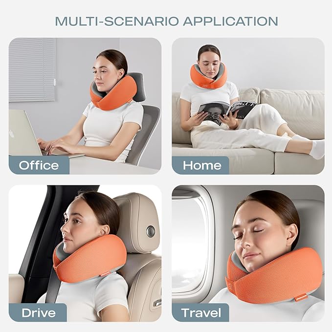 Skechers Memory Foam Neck Pillow, Comfortable & Breathable Travel Pillow, Neck Pillow Airplane for Travel, Car Rides, Home, and Office Use, Ergonomic Design for Men and Women,Orange