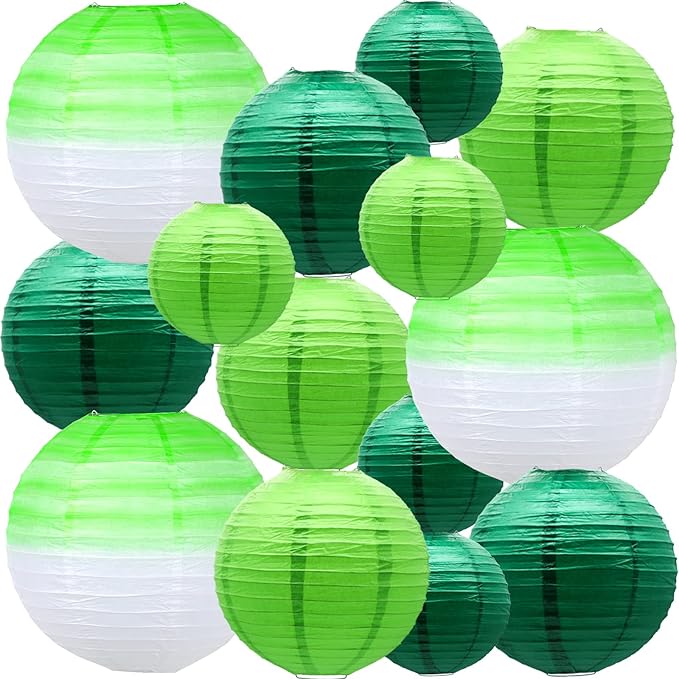 14 PCS Paper Lanterns, Gradient Colorful Green Round Paper Lanterns Decorative Lantern Lamps, Hanging Chinese Lanterns Indoor Room & Outdoor Party Supplies Decoration
