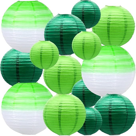 14 PCS Paper Lanterns, Gradient Colorful Green Round Paper Lanterns Decorative Lantern Lamps, Hanging Chinese Lanterns Indoor Room & Outdoor Party Supplies Decoration